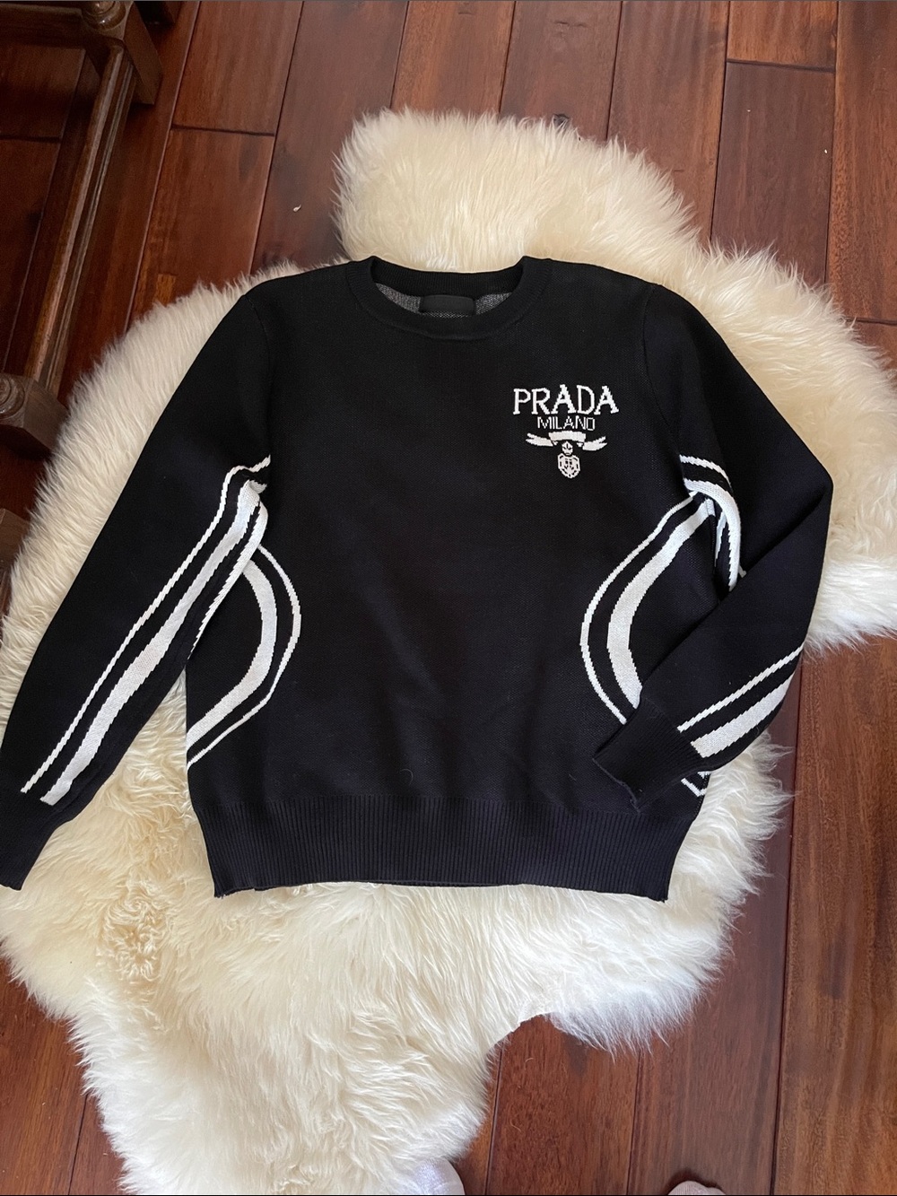 Black Crewneck Sweater with White Stripe Accents